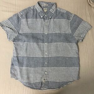 J.Crew gray-blue and white multi-stripe short sleeve shirt.